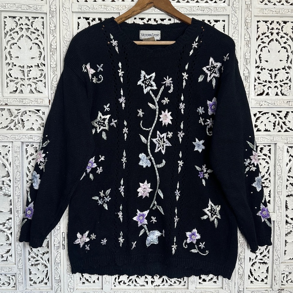 Vintage Victoria Harbour Sport Black Fairy Whimsygoth Grannycore Sweater Sz S‎